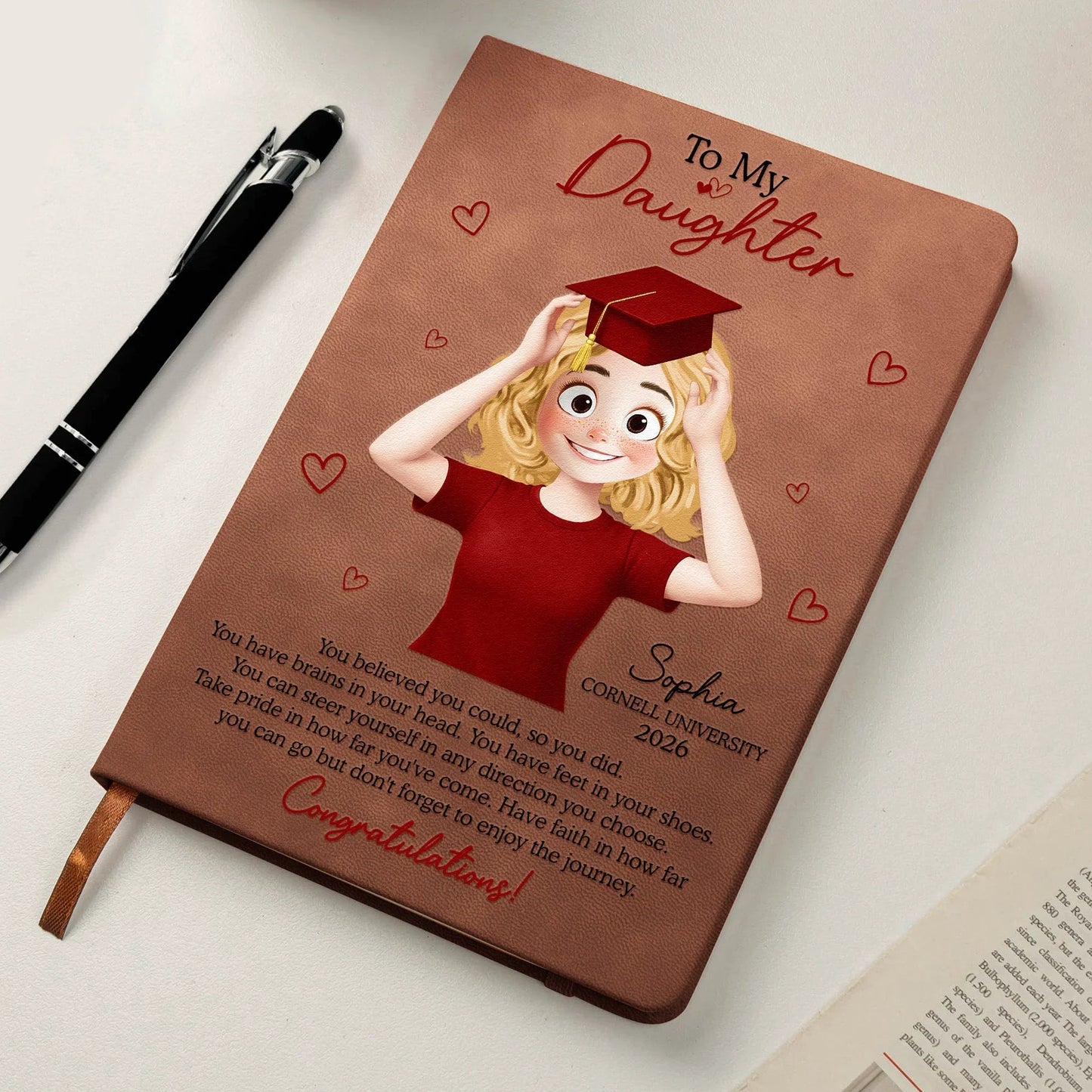To My Daughter Graduation Leather Journal, Personalized Congrats Message with Heart Accents, Meaningful Unique Gift for Her