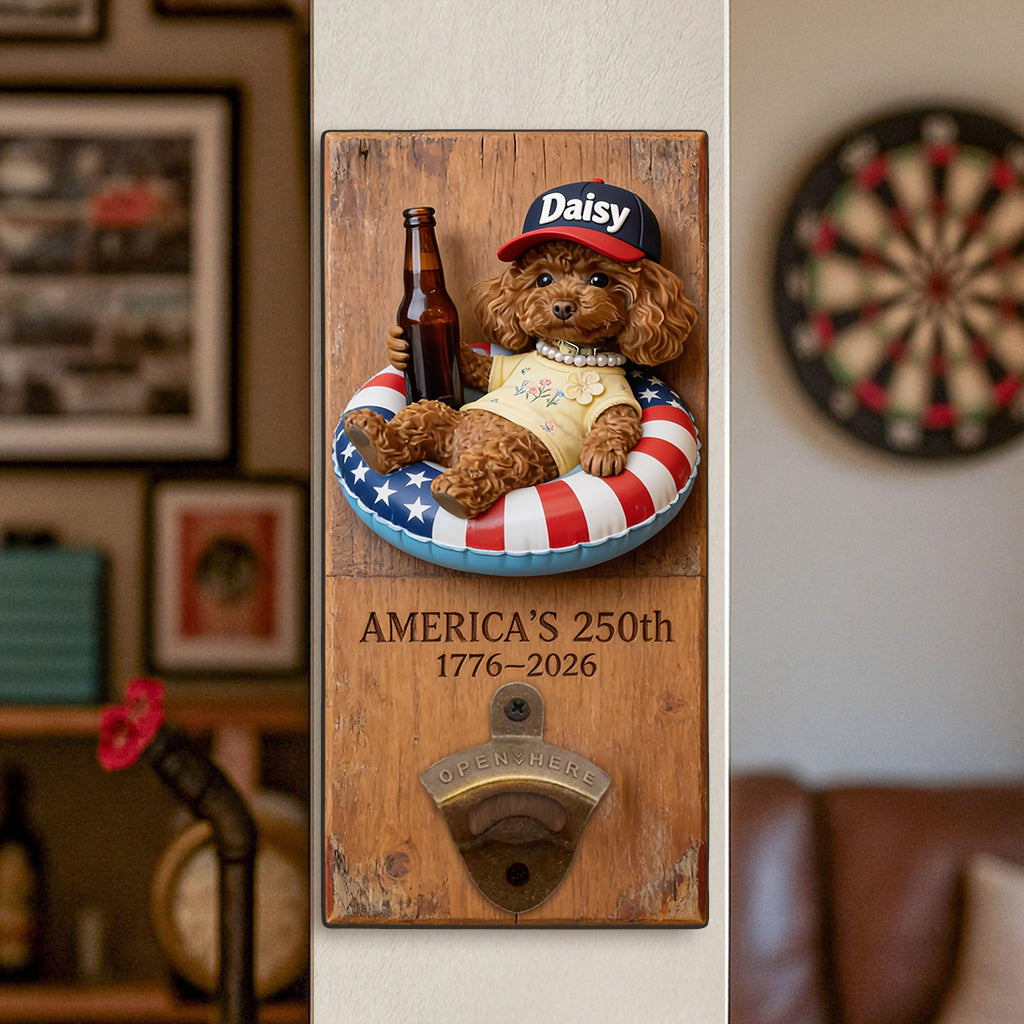 Dog With American Flag - Personalized Dog Wall Bottle Opener