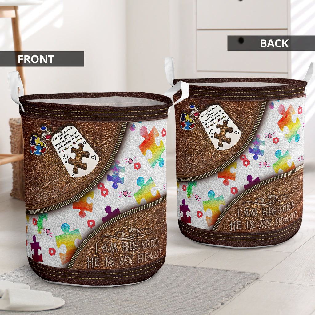 I Am His Voice He Is My Heart Leather Pattern Print Autism Awareness Storage Basket 0622