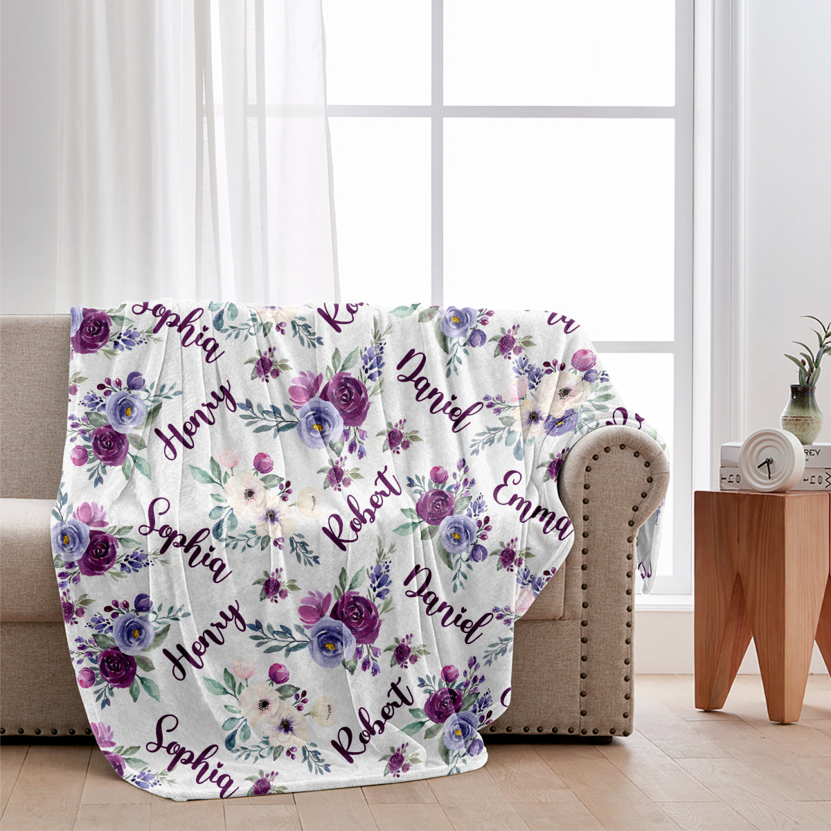 Custom Name Purple Flowers - Personalized Family Blanket