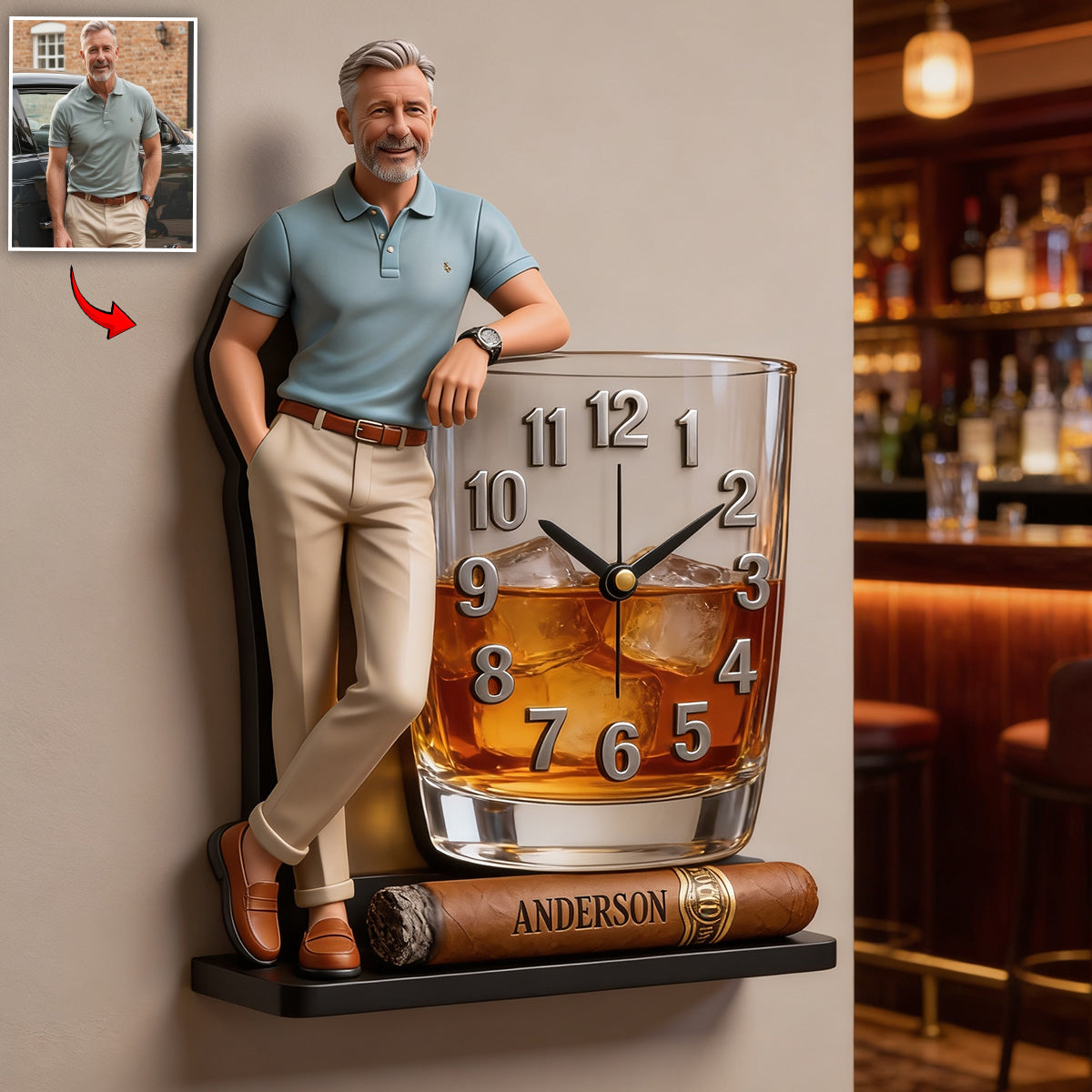 Custom Any Photo Whiskey & Cigar - Personalized Whisky Acrylic Wall Clock