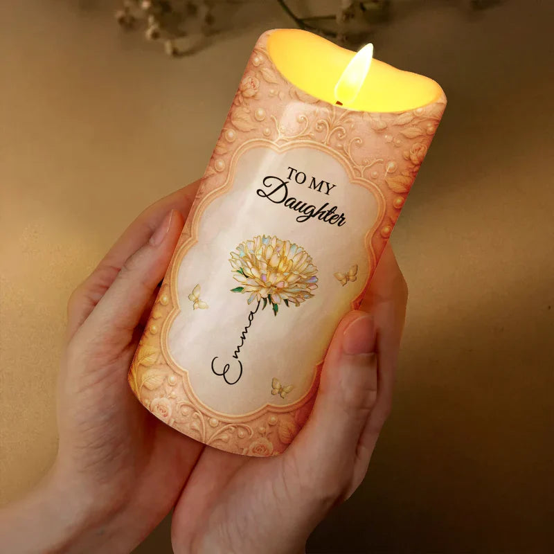Personalized Flameless LED Candle for Granddaughter, Warm Glow Floral Butterfly Design, Unique Sentimental Gift