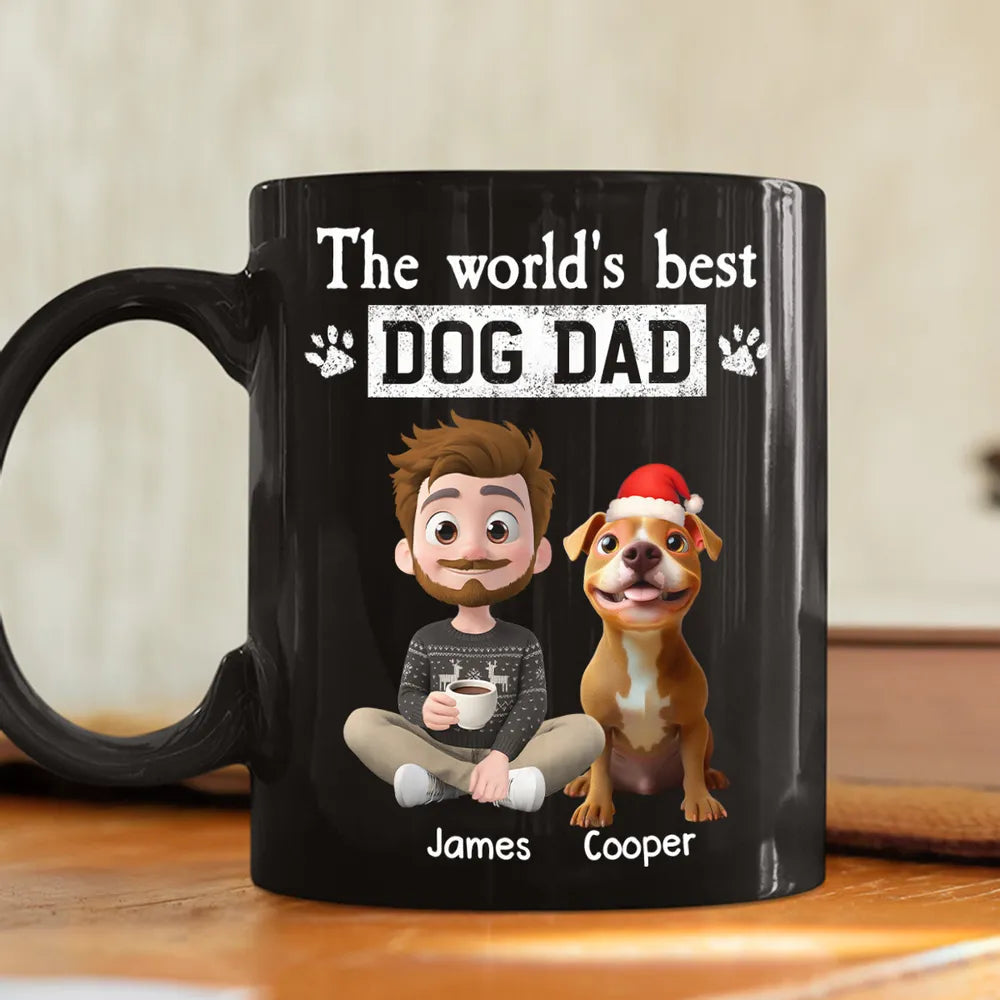 Dog Dad Mug - World's Best design, cartoon man & dog with Santa hat, personalized, creative Christmas gift for Dad