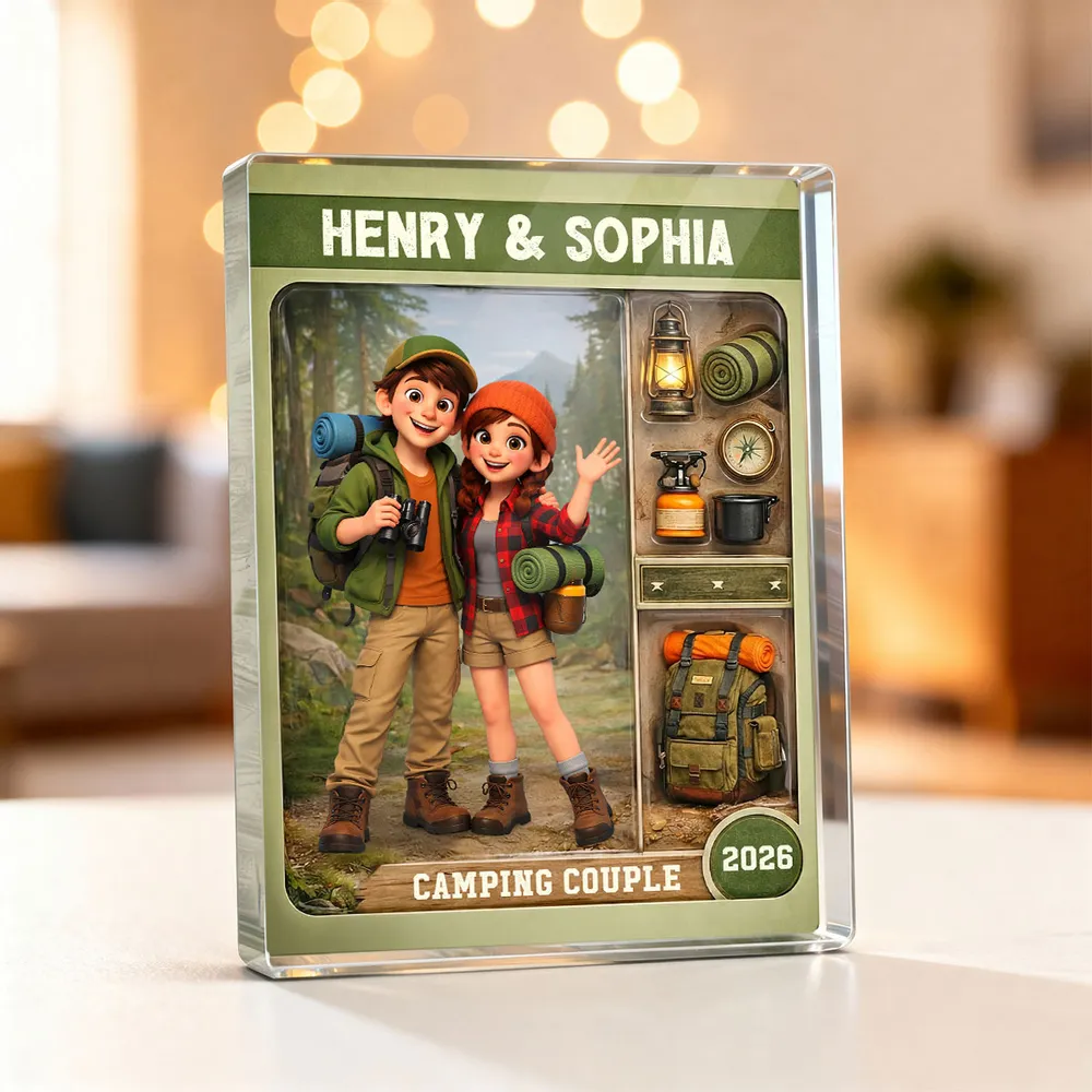 Personalized Camping Couple Rectangle Acrylic Block Plaque, Cute Cartoon Hikers Desk Decor, Unique Gift for Couples