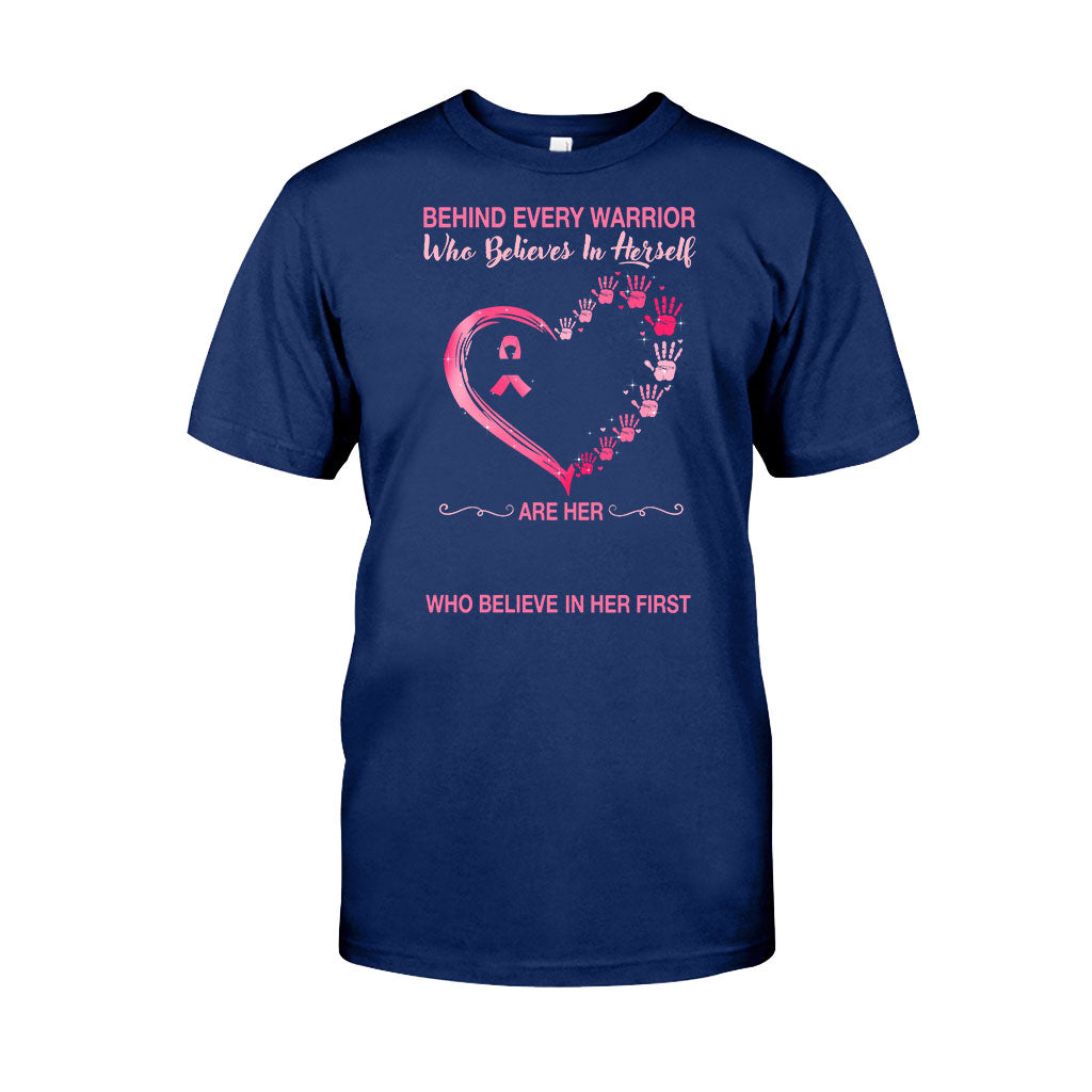 Behind Every Warrior Pink Heart Hand Prints - Breast Cancer Awareness Personalized T-shirt And Hoodie