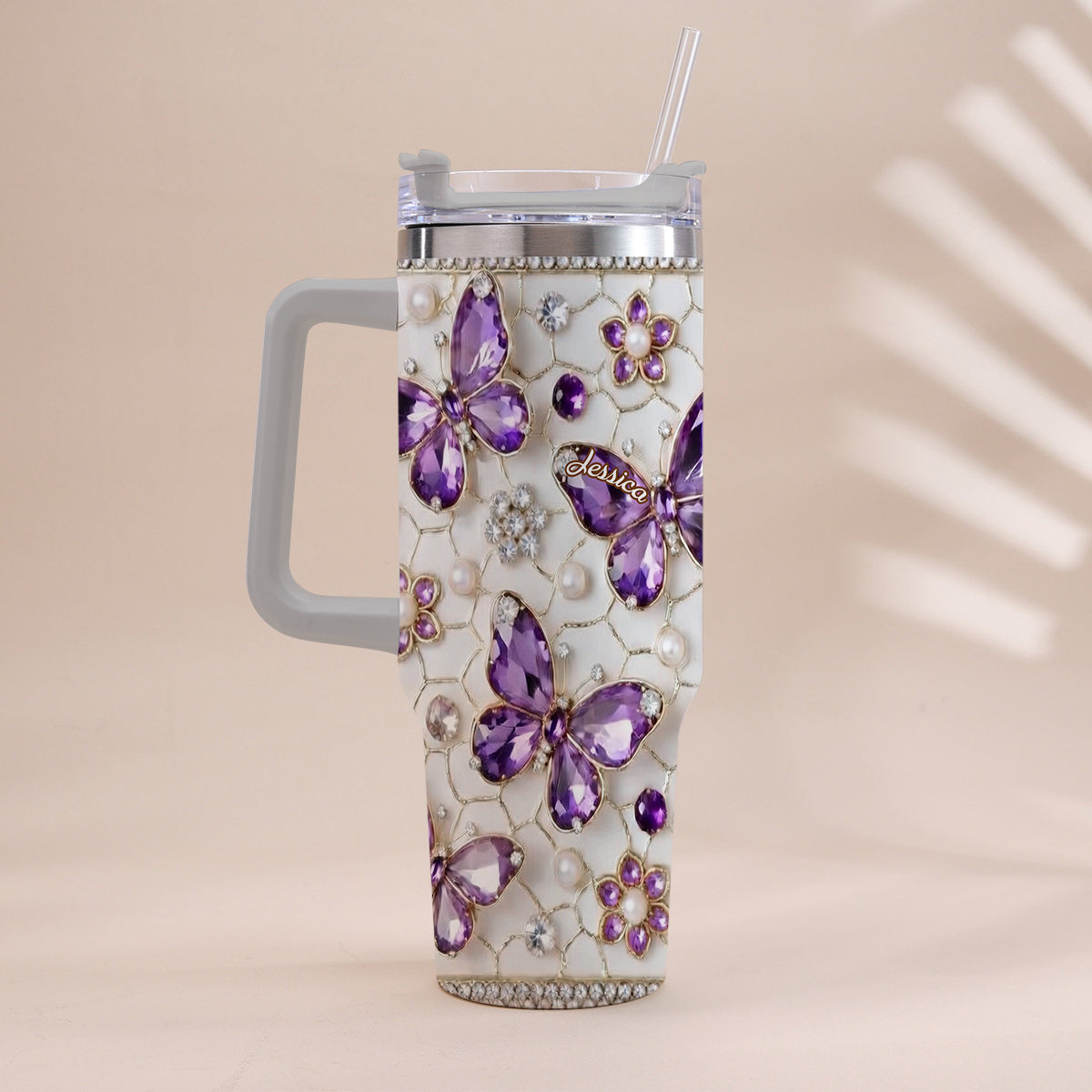 Love Butterflies - Personalized Butterfly Tumbler With Handle