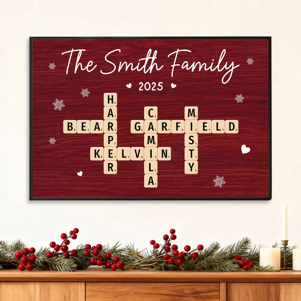 Personalized Family Name Poster with Crossword Tiles, Custom Wall Art for a Cozy Holiday Home, Unique Gift for Loved Ones or Housewarming