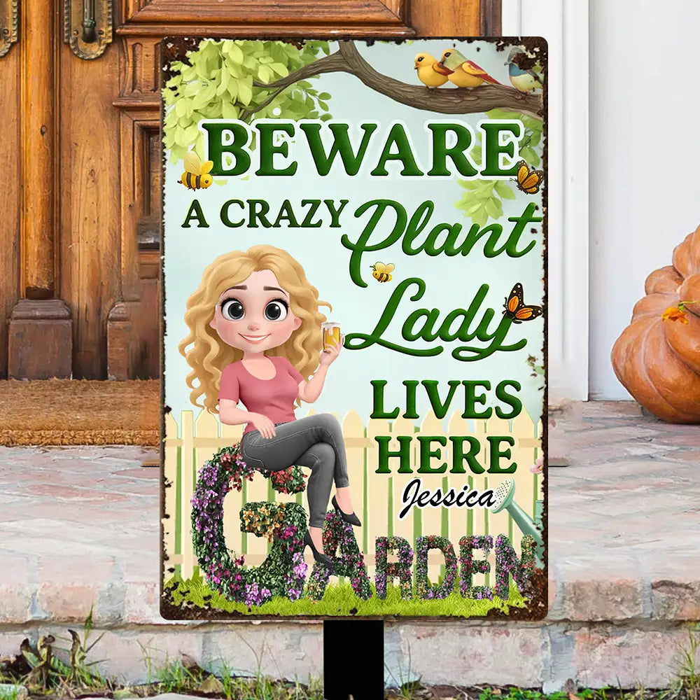 Beware A Crazy Plant Lady Garden Sign – Personalized Garden Decor for Plant Lovers