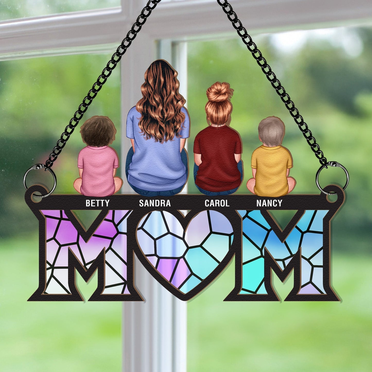 Wood and Acrylic Layered Ornament with Mom and Children Back View, High Clarity, Heartwarming Gift for Family