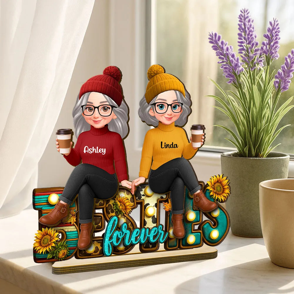 Wooden Plaque Besties Forever Sunflower Letters, Sitting Best Friends with Coffee, Cozy Fall Vibes, Unique Friend Gift