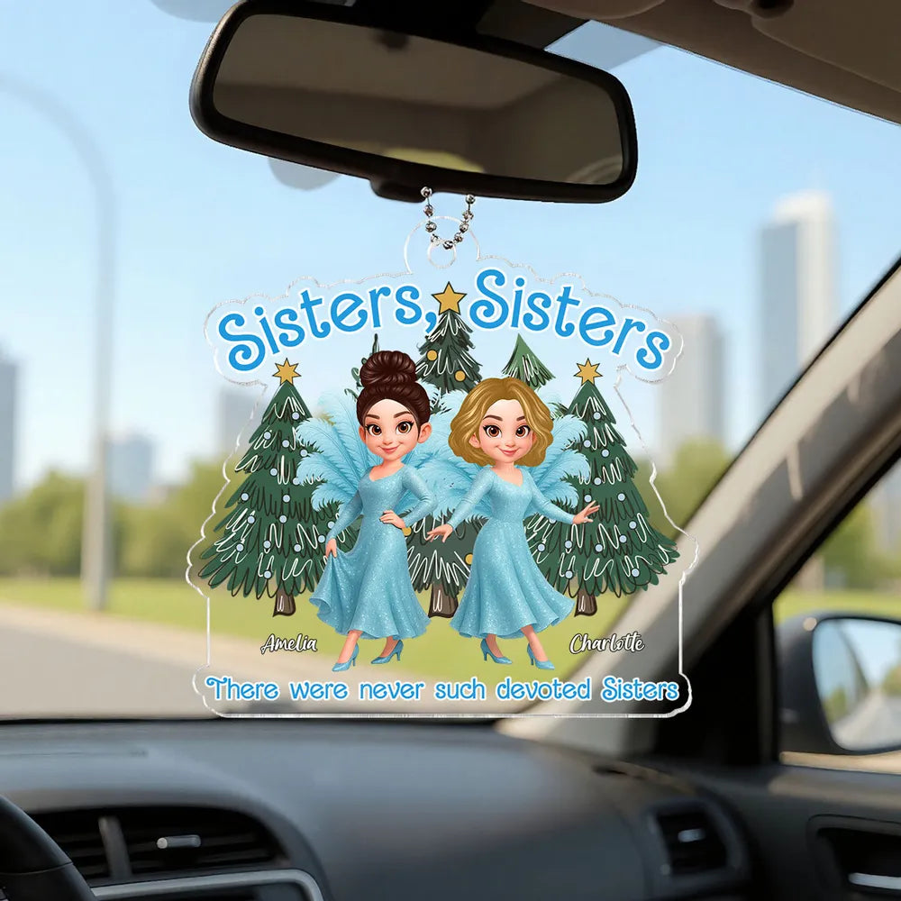 Personalized Sisters Acrylic Ornament featuring glitter blue dress design, holiday decoration and keepsake gift