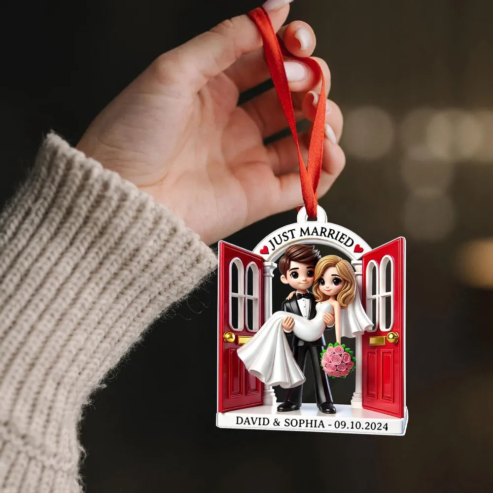 Personalized Acrylic Just Married Couple Ornament | Red Doorway Bride & Groom Carry | Customizable Date & Names