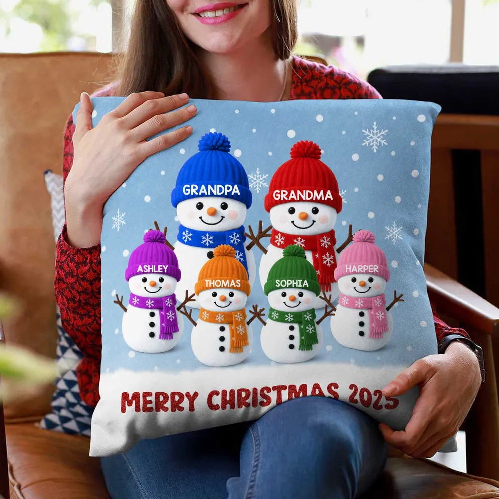 Square Pillow with Cute Snowman Family, plush velvet feel, festive room accent and creative gift for Grandma & Grandpa