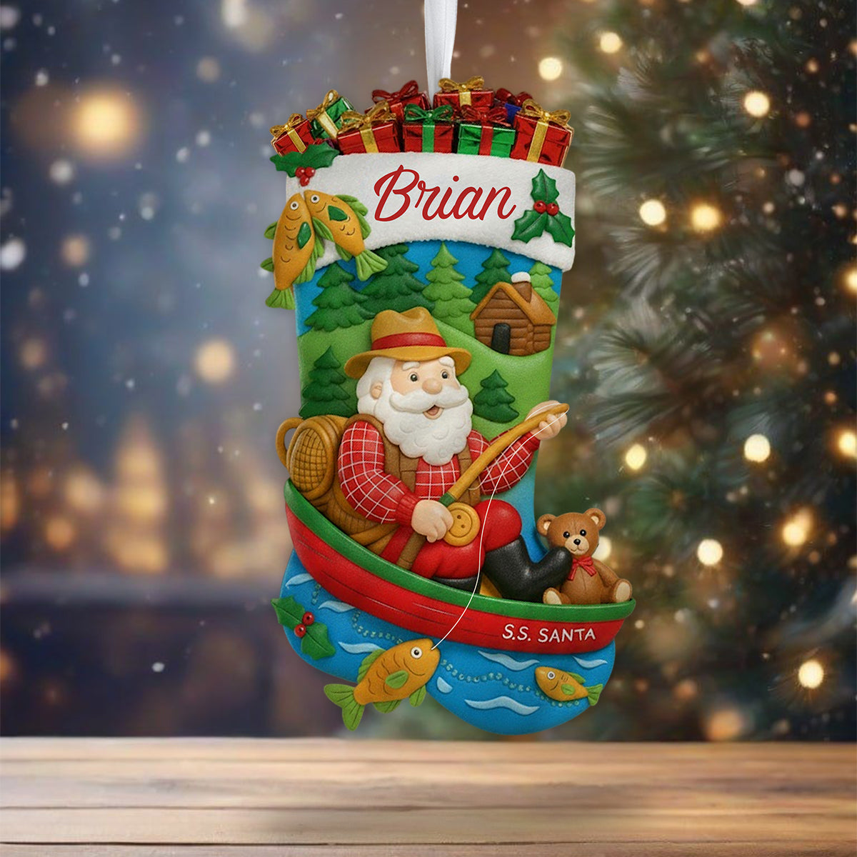 Christmas Santa Fishing - Personalized Fishing Shaped Christmas Stocking