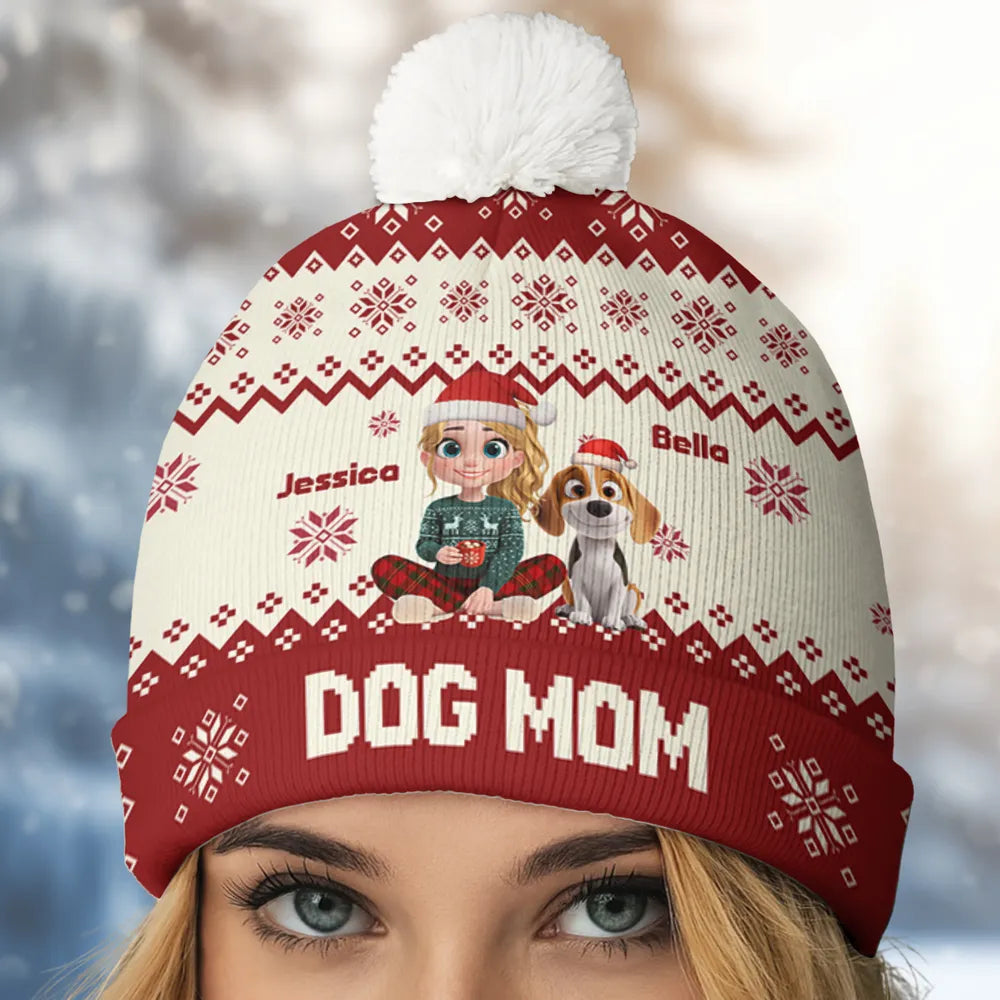 Personalized Bobble Beanie Hat for Dog Mom with Cartoon Woman & Pup – Cozy Christmas Style, Unique Gift for Pet Lovers