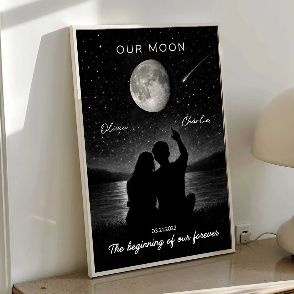Personalized Moon Night Sky Couple Poster, Romantic Lakeside Silhouette Wall Art, Unique Gift For Couple