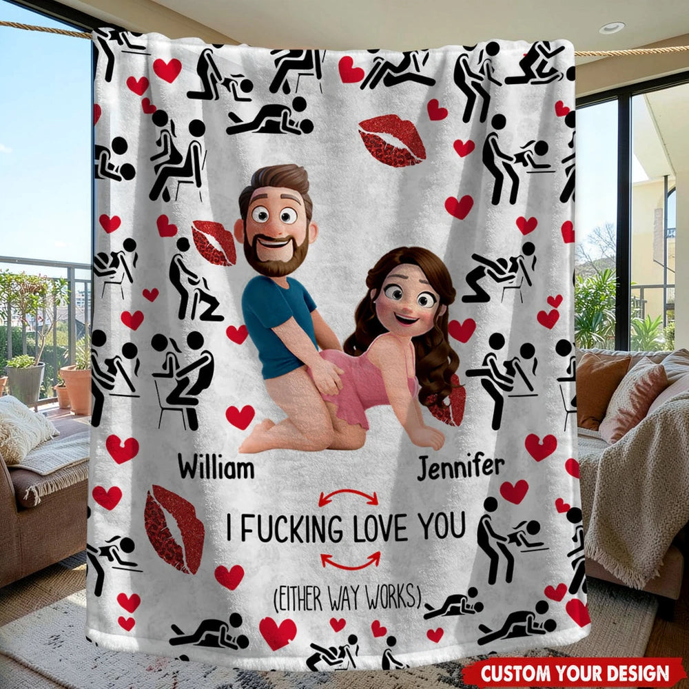 I Love You Personalized Fleece Blanket with Cute Couple Illustration, Lips and Hearts - Funny Sweet Gift for Partners