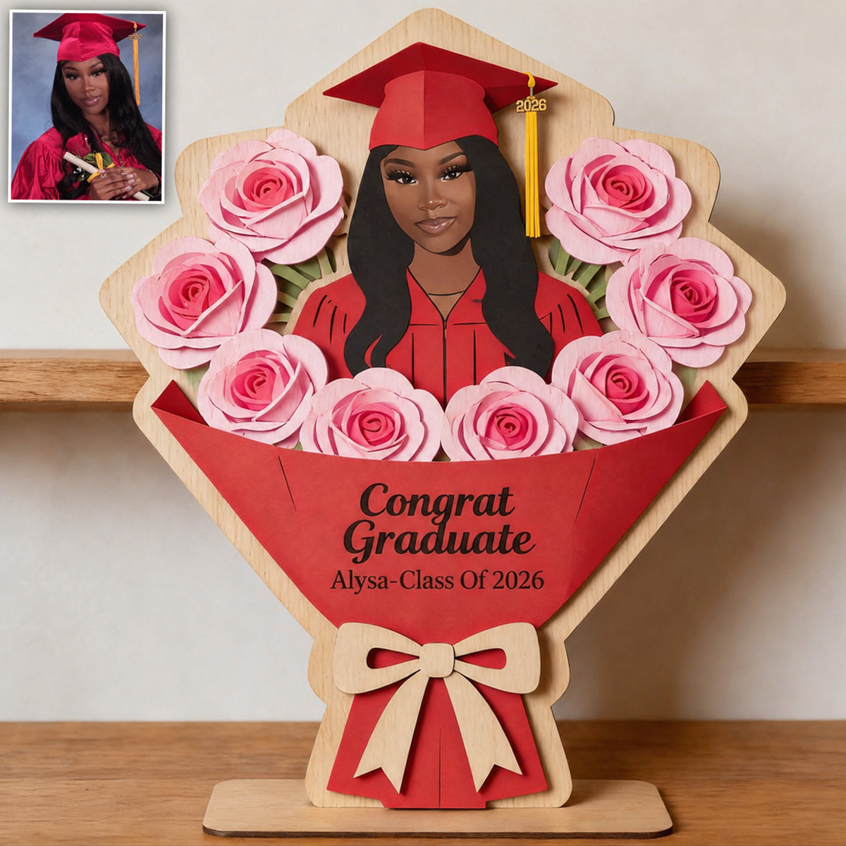 Graduate Flower Bouquet Sign - Personalized Graduation 2 Layered Big Freestanding