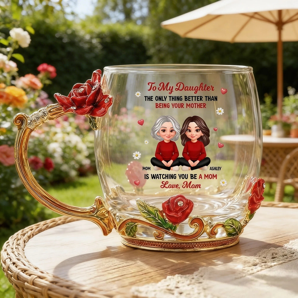 Personalized Enamel Flower Tea Cup with Mom and Daughter Illustration, Sweet Mother and Daughter Gift for Mother's Day