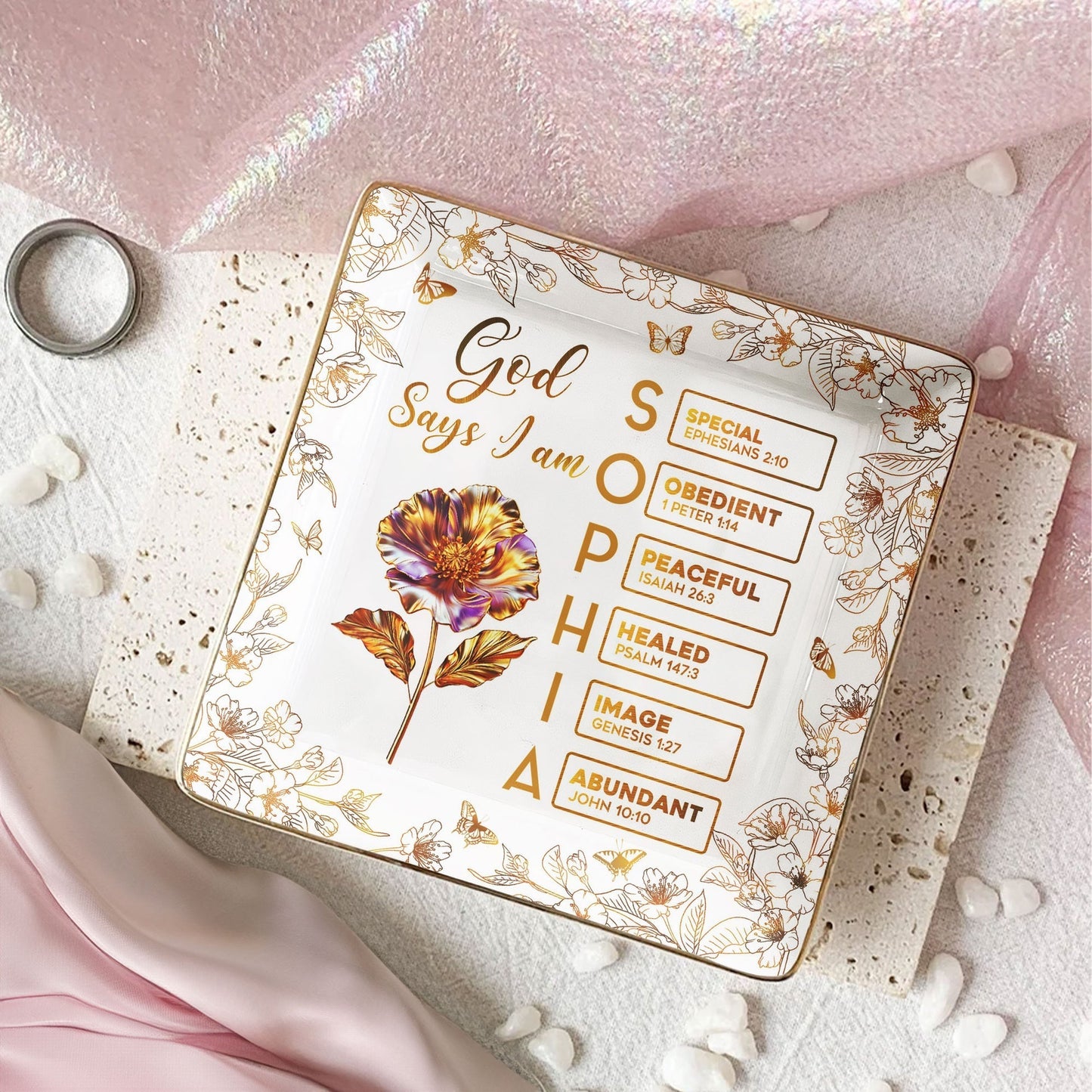 Jewelry Dish with Floral Scripture Design, Elegant Keepsake, Perfect Gift for Women