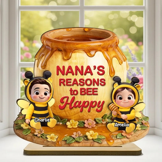 Personalized 2-Layer Wooden Plaque Nana's Reasons to Bee Happy Cute Grandkids Gift for Mom or Grandma Sweet Home Display