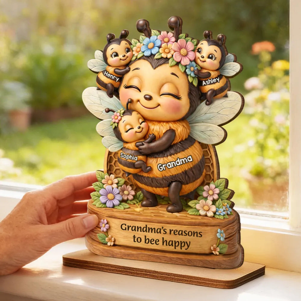 Personalized 2-Layer Wooden Plaque Grandma's Reasons to Bee Happy Cute Bee Family Keepsake Unique Gift for Grandma