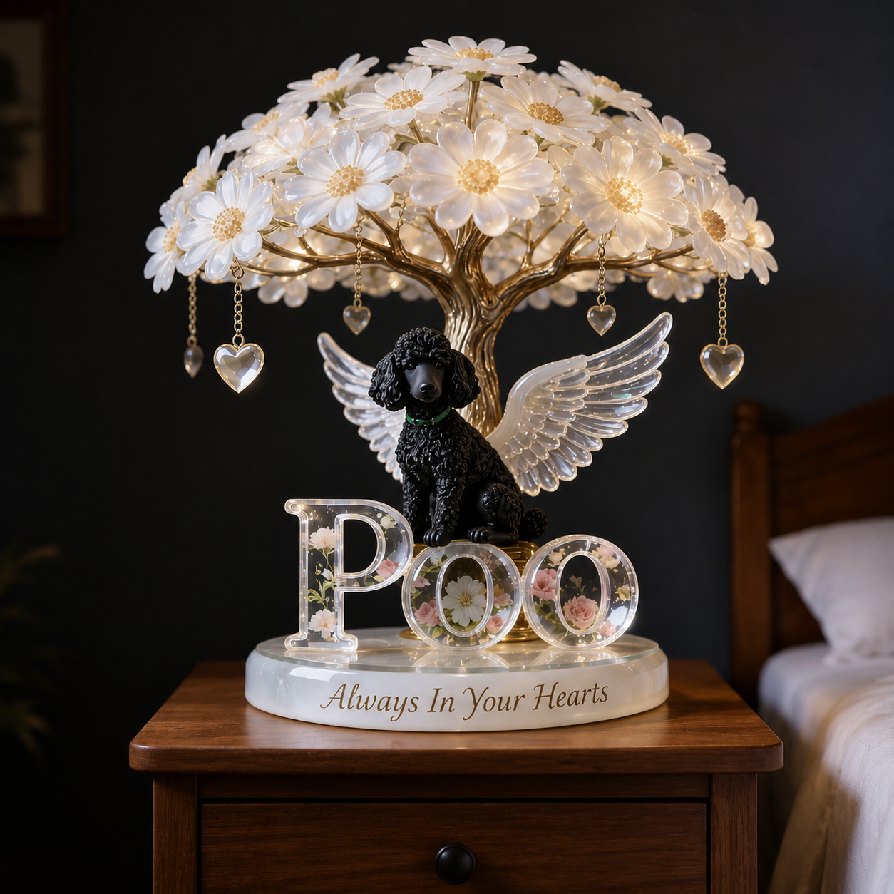 Custom Always In Our Hearts Angel Wings Figurine, Personalized Standard Poodle Cross Memorial Tree Lamp Statue, Dog Loss Sympathy Night Light