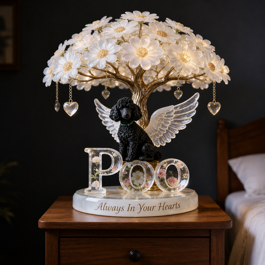 Custom Always In Our Hearts Angel Wings Figurine, Personalized Standard Poodle Cross Memorial Tree Lamp Statue, Dog Loss Sympathy Night Light