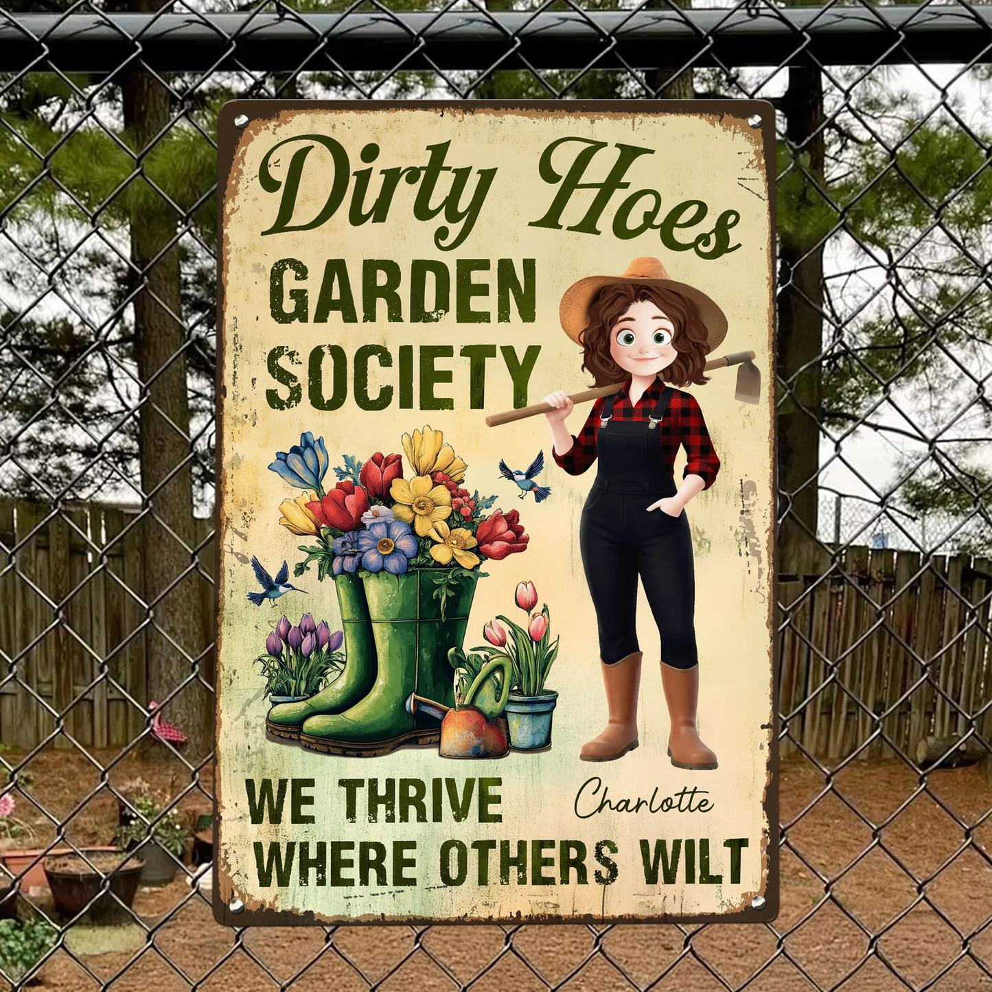 Personalized Rectangular Iron Sign Dirty Hoes Garden Society Funny Vintage Garden Decor, Unique Gift for Plant Lovers