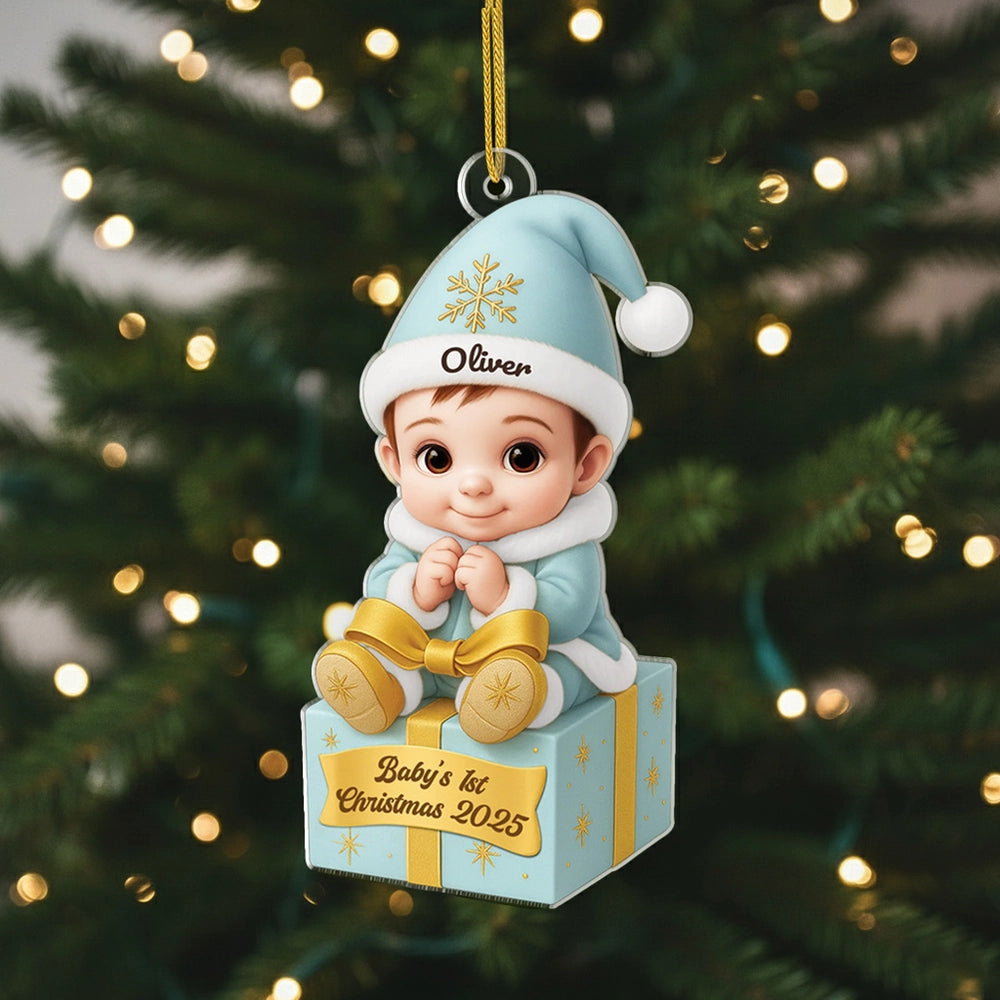 Acrylic Ornament for Baby's First Christmas, sitting baby on gift box, pastel blue & gold, creative gift for parents