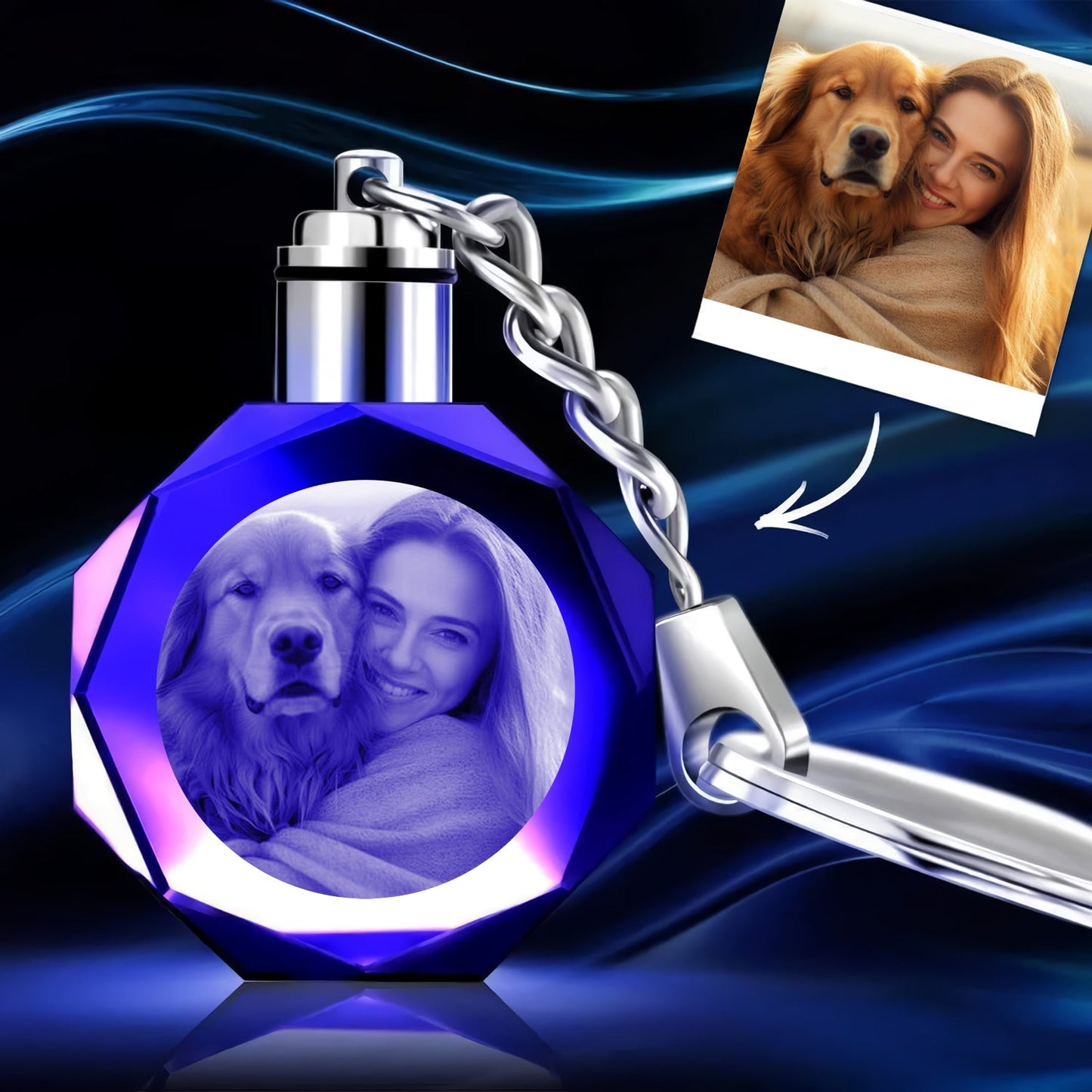 Custom Photo Octagon Crystal Led Light Keychain -  gift for anyone, cat lover, dog lover, who lost a loved one - Personalized Keychain