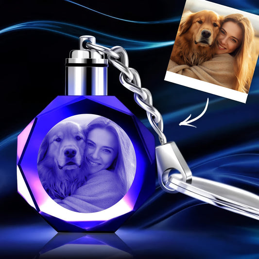 Custom Photo Octagon Crystal Led Light Keychain -  gift for anyone, cat lover, dog lover, who lost a loved one - Personalized Keychain