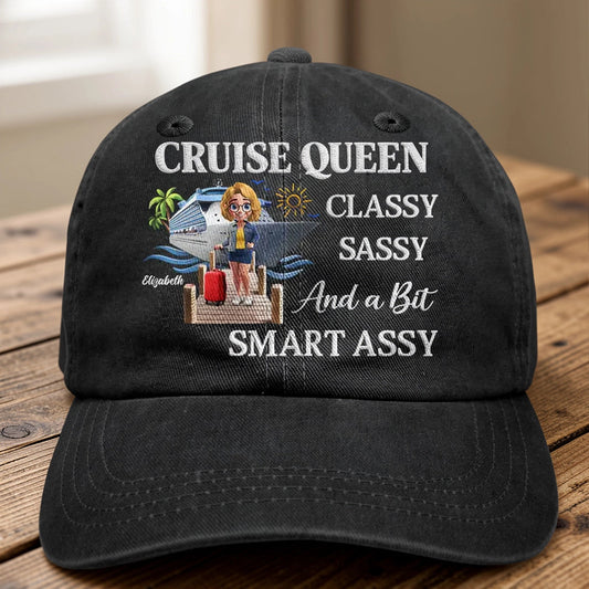 Personalized Washed Denim Baseball Cap, Cruise Queen Classy Sassy Graphic, Unique Funny Gift for Travel Lovers