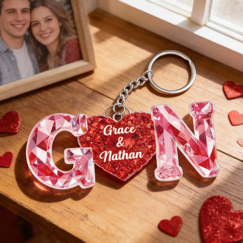 Personalized Heart Keychain with Initials and Names, Romantic Red Sparkle Anniversary Gift for Couples