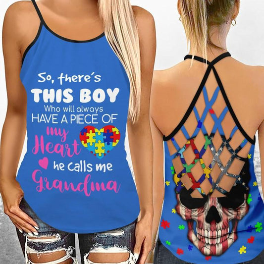 Autism My Heart Grandma - Autism Awareness Cross Tank Top 0921