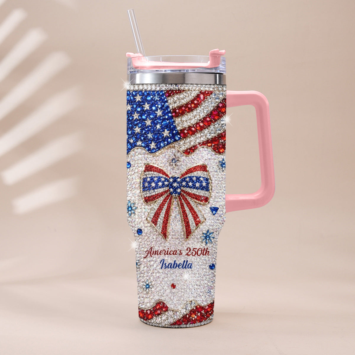 America's 250th Bow - Personalized Independence Day/ 4th of July Rhinestone Tumbler With Plush Charm