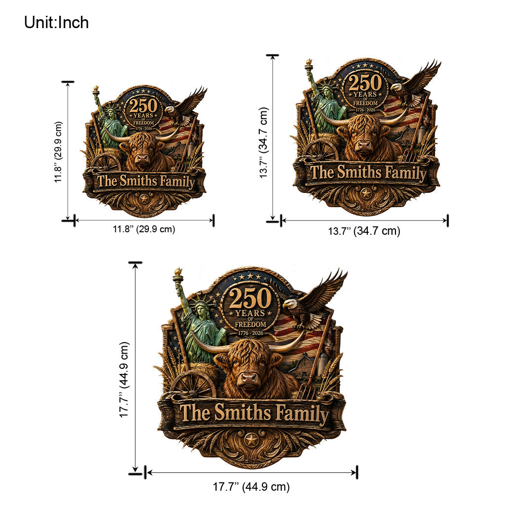 Celebrate 250th Anniversary, Highland Cow Lovers, Farmer Gift - Personalized Highland Cow Shaped Wood Sign With Sash