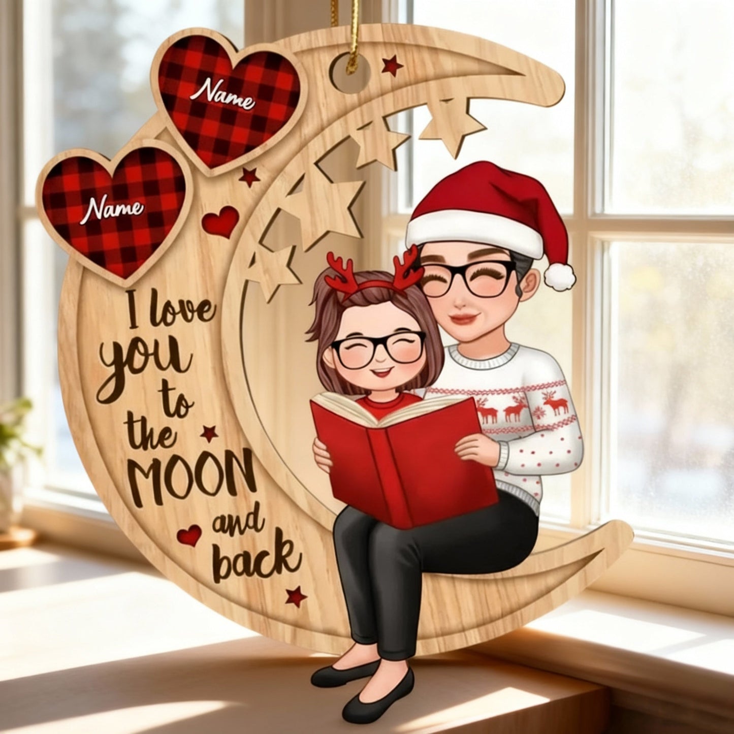 Wooden Ornament Grandma & Grandkid on Crescent Moon, I Love You to the Moon & Back - Xmas Decor, unique gift for Grandkids