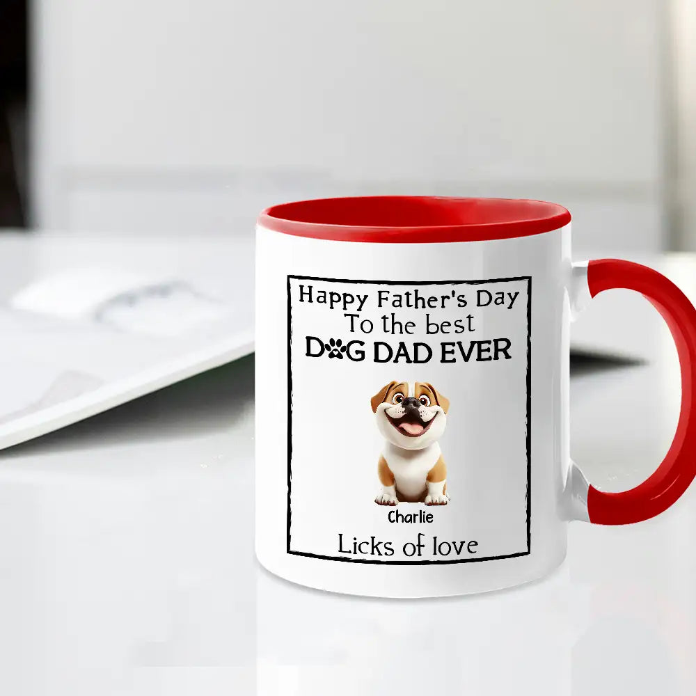 Happy Father’s Day Mug – Cartoon Dogs Sitting Together with Licks of Love – Personalized Gift for Dog Dads