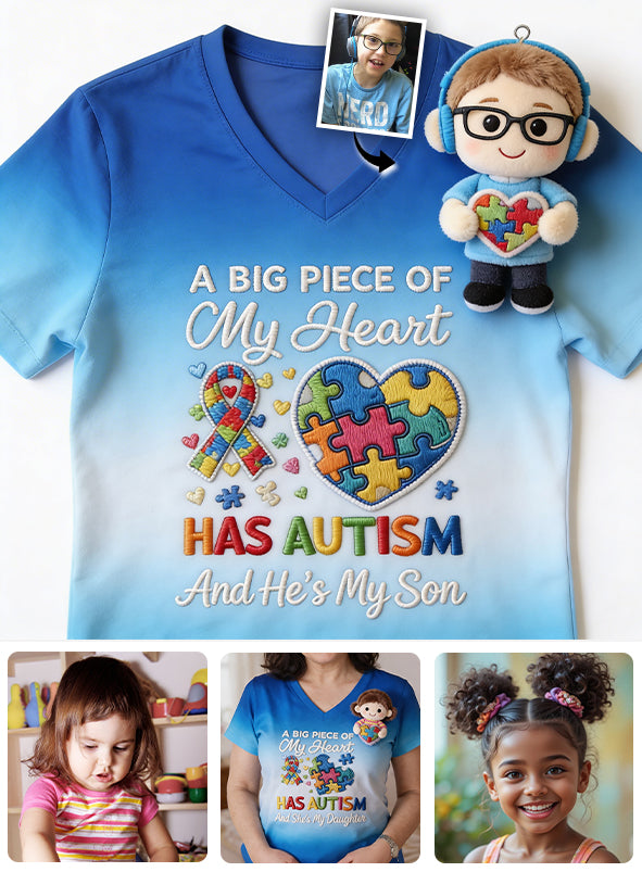 A Piece Of My Heart Has Autism - Personalized Autism Awareness V-Neck T-Shirt With Plush Pin
