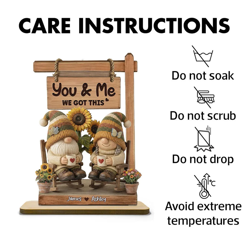 2-Layer Wooden Plaque with Cozy Gnomes on Porch Swing You & Me We Got This - Unique Couple Gift