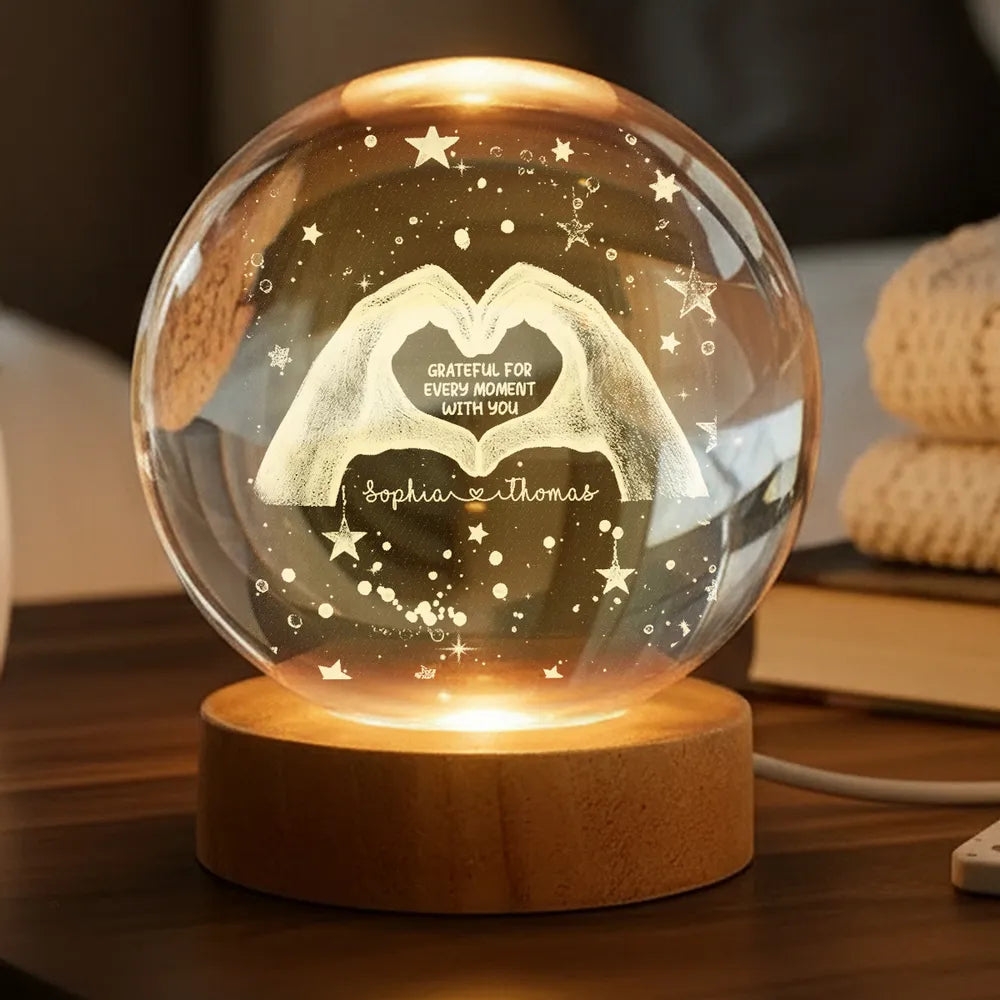 Personalized Globe Lamp With Heart Hands Quote, Cozy Starry Night Decor, Unique Romantic Gift For Couples