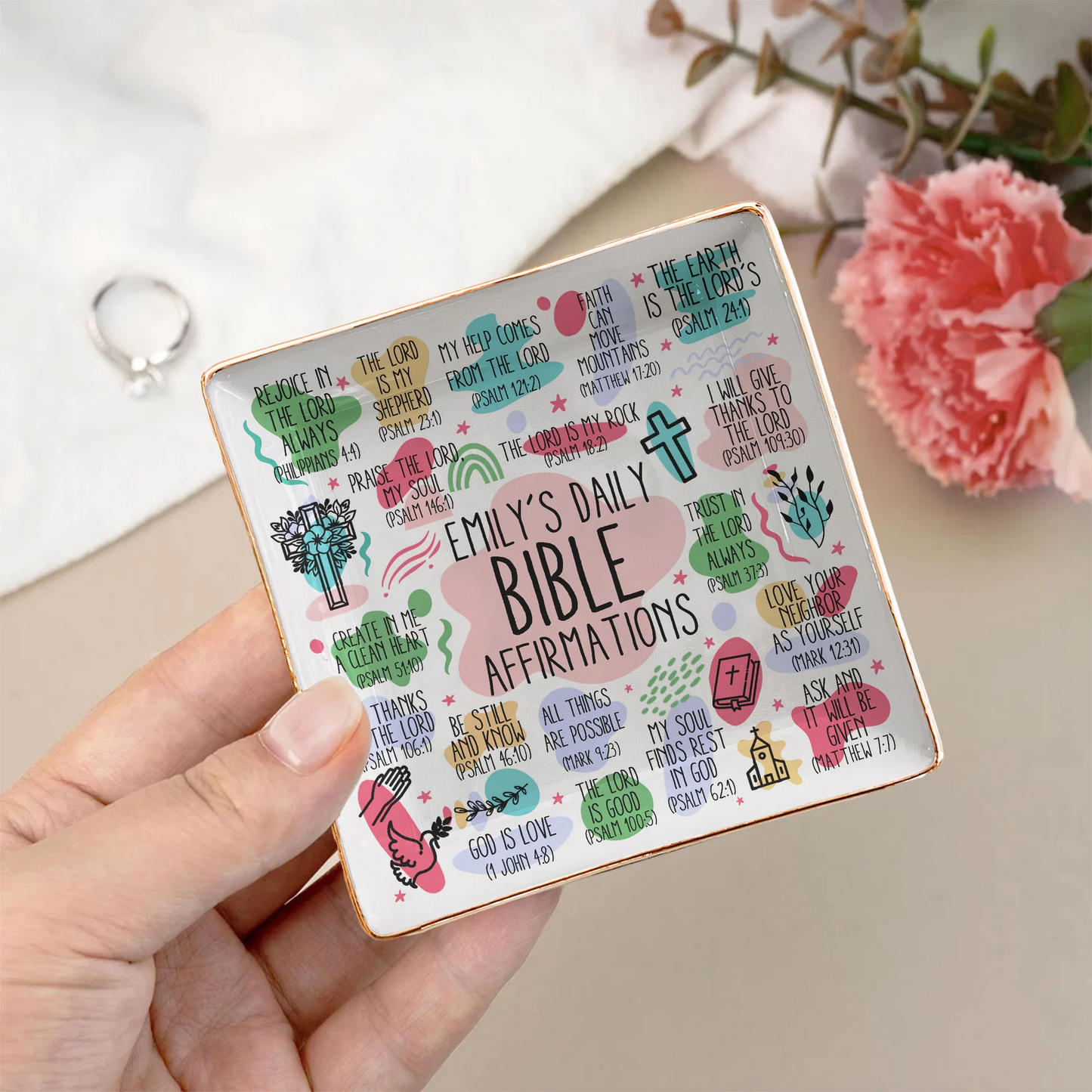 Pastel Christian Jewelry Dish with gold rim and faith quotes, perfect gift-ready tray for women, bedside or vanity use.