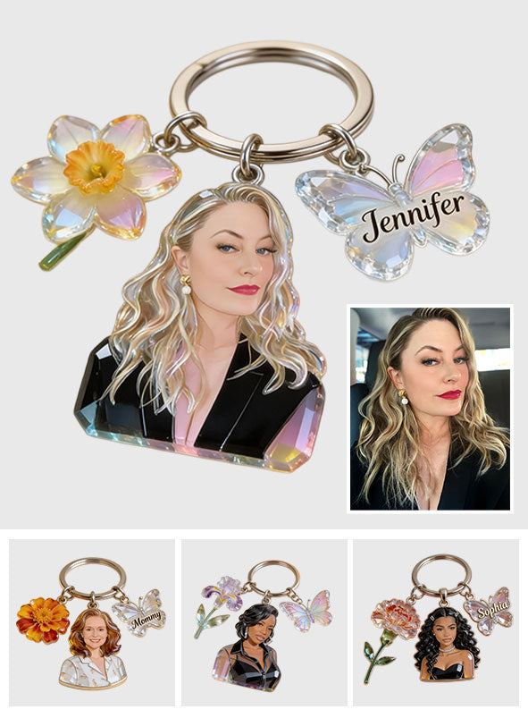 Custom Any Photo Birthmonth Flower - Personalized Self Love Keychain With Charms