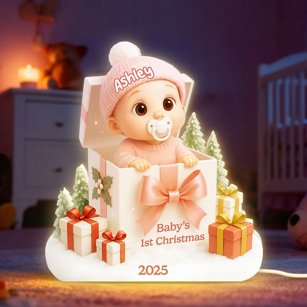 Personalized Acrylic Light Box for Baby's First Christmas – Cute Gift Box Scene, Warm Glow Nursery Lamp, Unique Keepsake Gift for New Parents