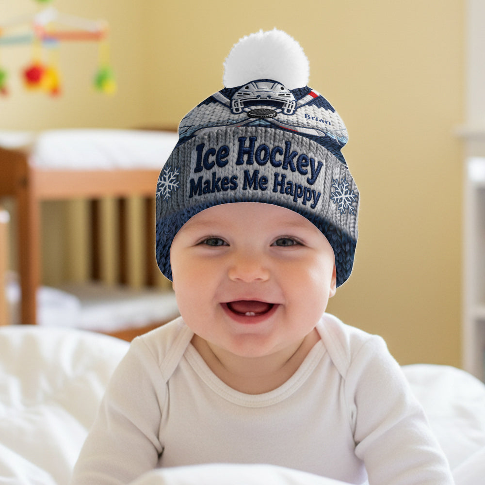 Ice Hockey Makes Me Happy - Personalized Hockey Beanie Hat
