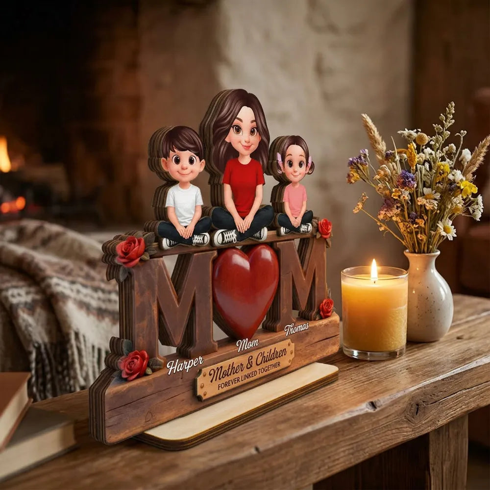 Personalized 2-Layer Wooden Plaque MOM Heart With Sitting Mother and Daughters Roses - Unique Gift for Mom