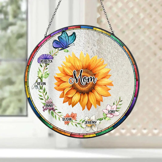 Custom Sunflower Suncatcher Ornament – Personalized Mom or Grandma Gift with Grandkids' Names & Flowers