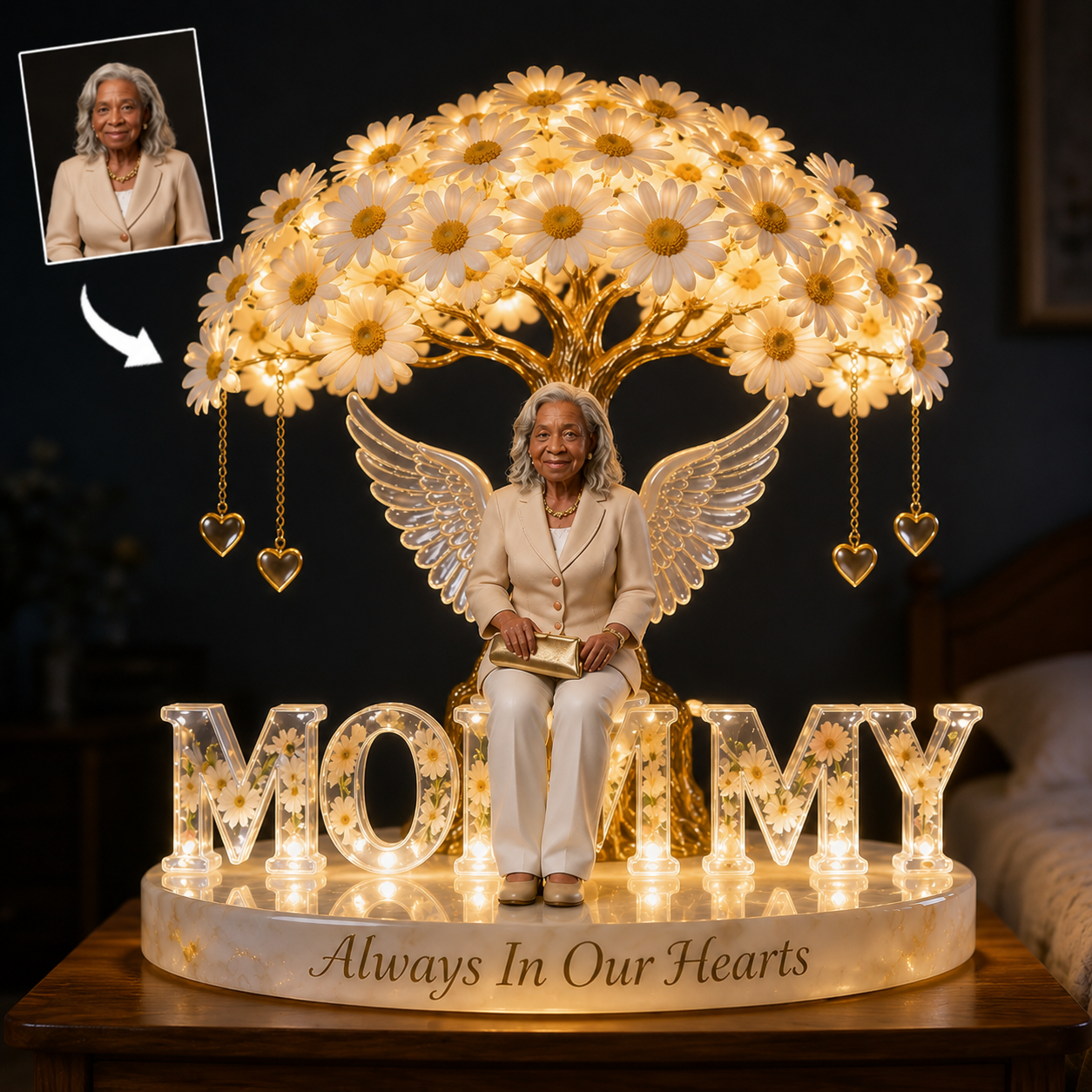 Custom Black Grandma Always In Our Hearts Angel Wings Figurine, Personalized Memorial Tree Lamp Statue, Sympathy Remembrance Night Light Table Decor