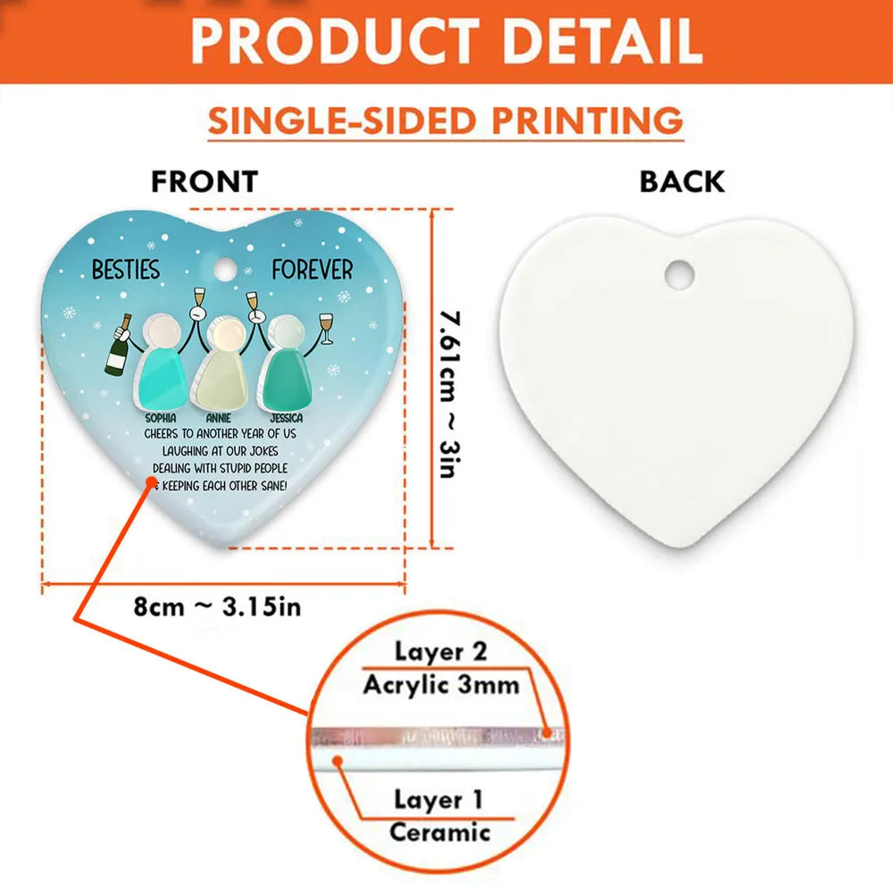 Personalized Besties Heart Ornament – Double-Layer Ceramic & Acrylic Design with Sea-Glass Look, Friendship Holiday Gift